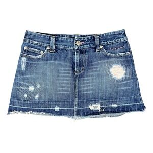 American Eagle Distressed Denim Mini Skirt Womens Size 6 Low Rise Y2K Frayed Hem